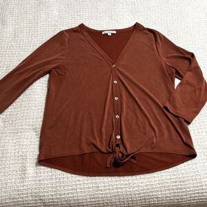 Green Envelope Tie Front Cardigan Top Cozy Rust Brown Medium Soft Minimalist